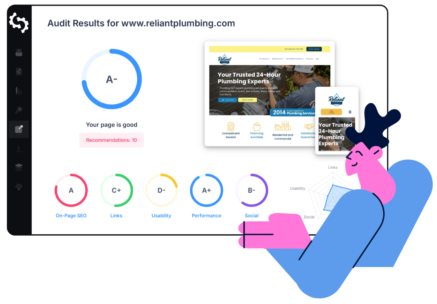 SEO site rating audit with detailed issue breakdown